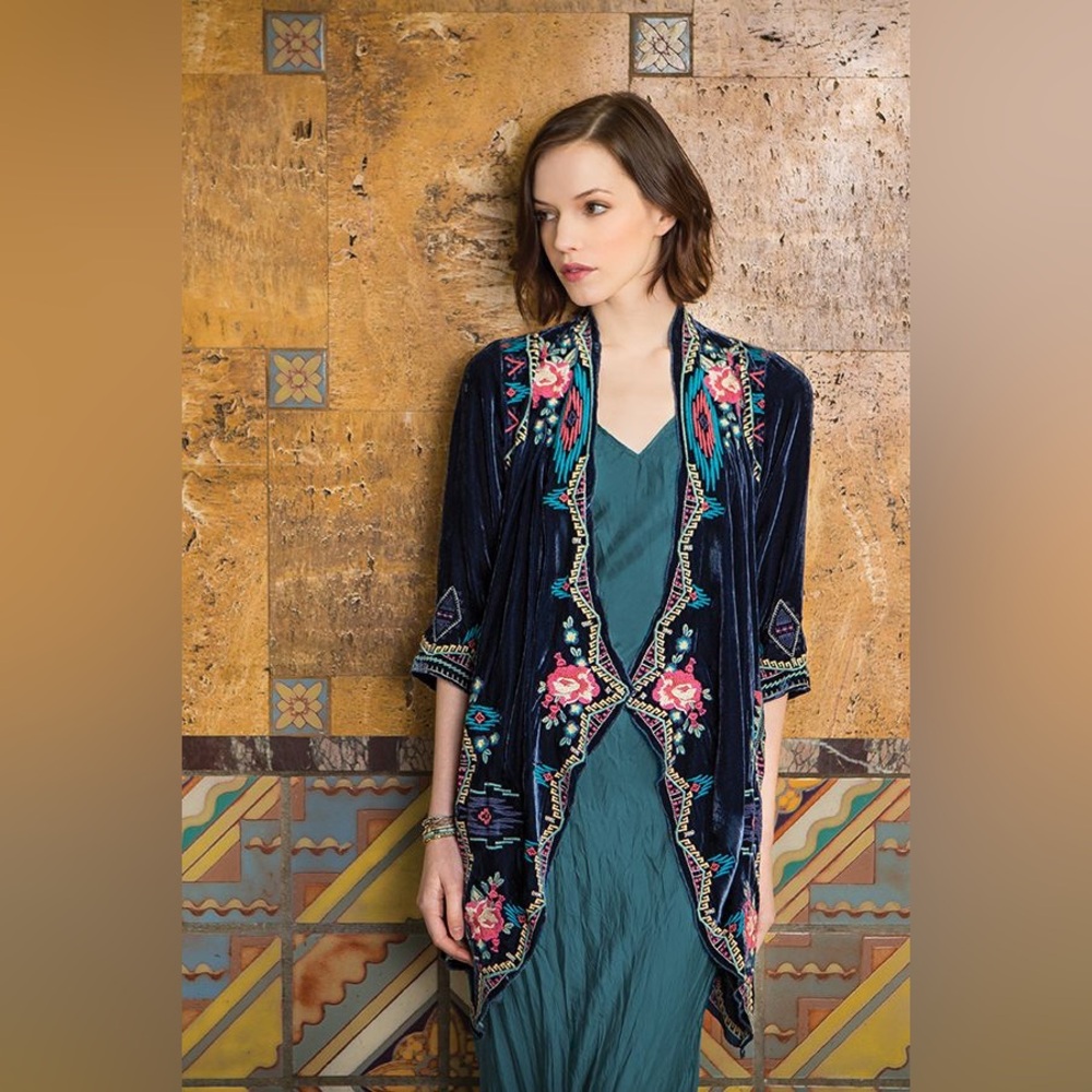 Johnny Was Aveza Black Velvet Kimono Cardigan 2X Silk Blend Bohemian Luxury - Picture 3 of 8